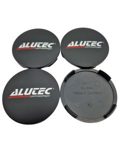 4X Alutec Nabendeckel 64mm Schwarz Matt (N32) Logo Silber Rot (ALQ) - Original Felgendeckel/Nabenkappe/Hubcap
