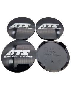 4X ATS Nabendeckel 64mm Schwarz Glanz (N32) Logo Silber (ATF) - Original Felgendeckel/Nabenkappe/Hubcap
