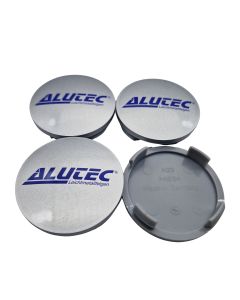 4X Alutec Nabendeckel 60mm Silber (N23) Logo Blau (ALD) - Original Felgendeckel/Nabenkappe/Hubcap