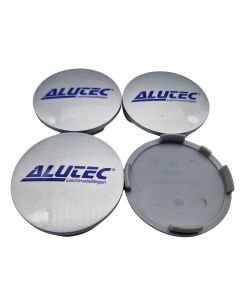4X Alutec Nabendeckel 64mm Silber (N32) Logo Blau (ALC) - Original Felgendeckel/Nabenkappe/Hubcap