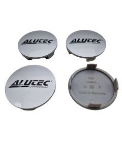 4X Alutec Nabendeckel 61mm Silber (N56) Logo Schwarz (ALN) - Original Felgendeckel/Nabenkappe/Hubcap